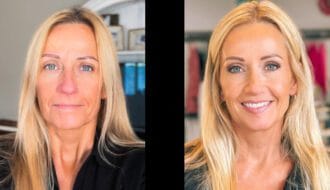 Before and after comparison of Lori before makeup makeover and after.
