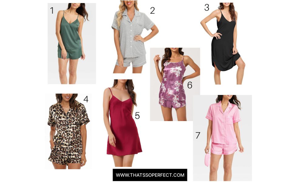 7 women each wearing different summer PJs made from cooling material