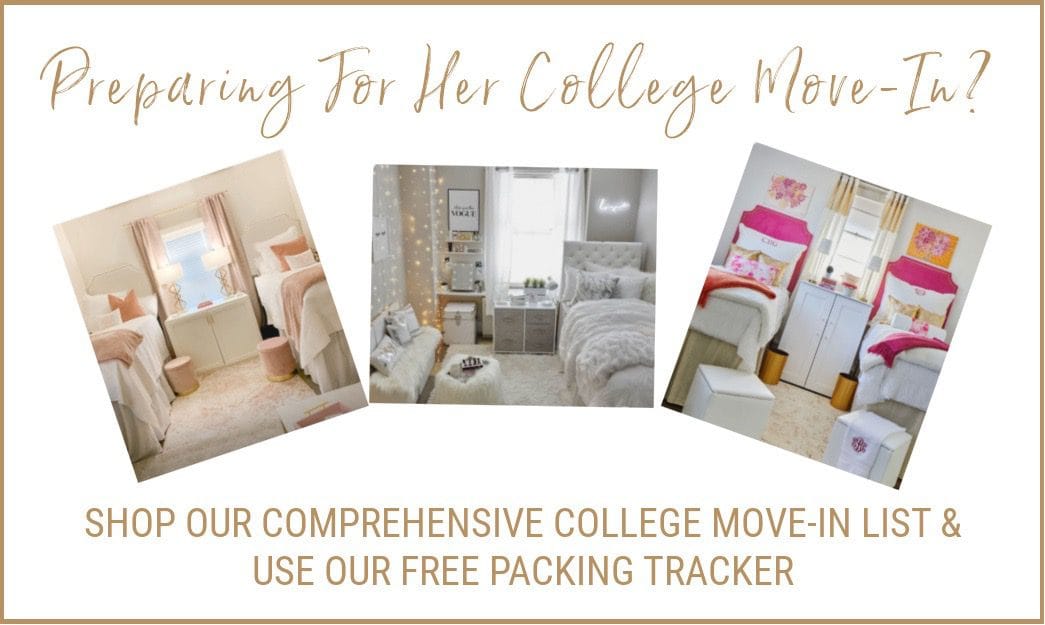 Pictures of various girls dorm room decorations and an invitation to shop the comprehensive list curated by TSP team