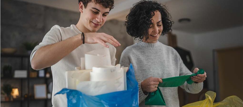 Mom and College son packing stuff into bags for move-in day.