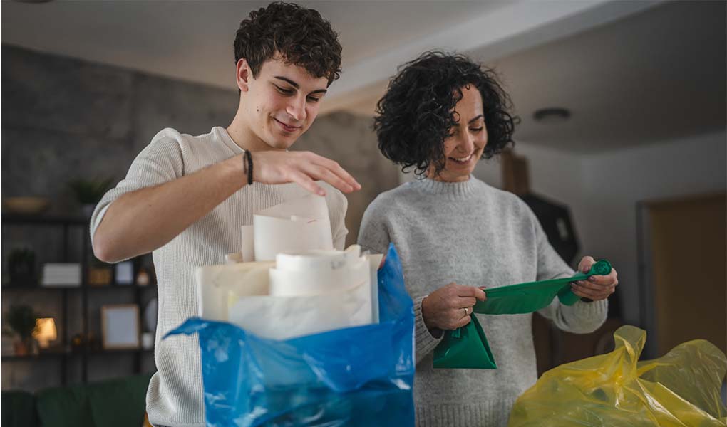 Mom and College son packing stuff into bags for move-in day.