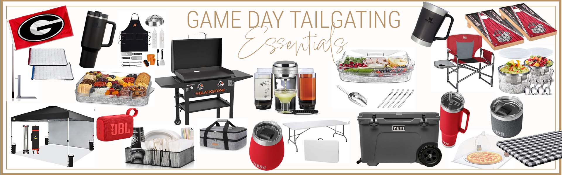 Collage of 24 tailgating essential products ranging from a yeti cooler to a team flag and everything in between. serving trays, chairs, tables, cornhole boards for your college team, Blackstone griddle, canopy, etc.
