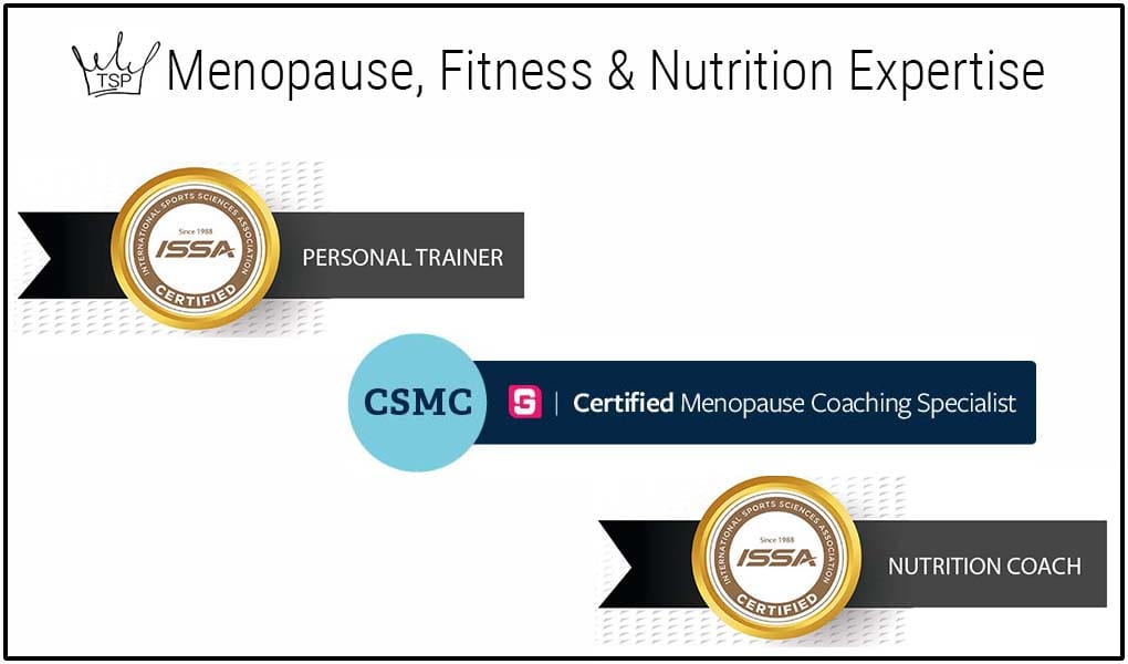Image of three professional certification badges - ISSA Personal Trainer, GGS Certified Menopause Coaching Specialist and ISSA Nutrition Coach